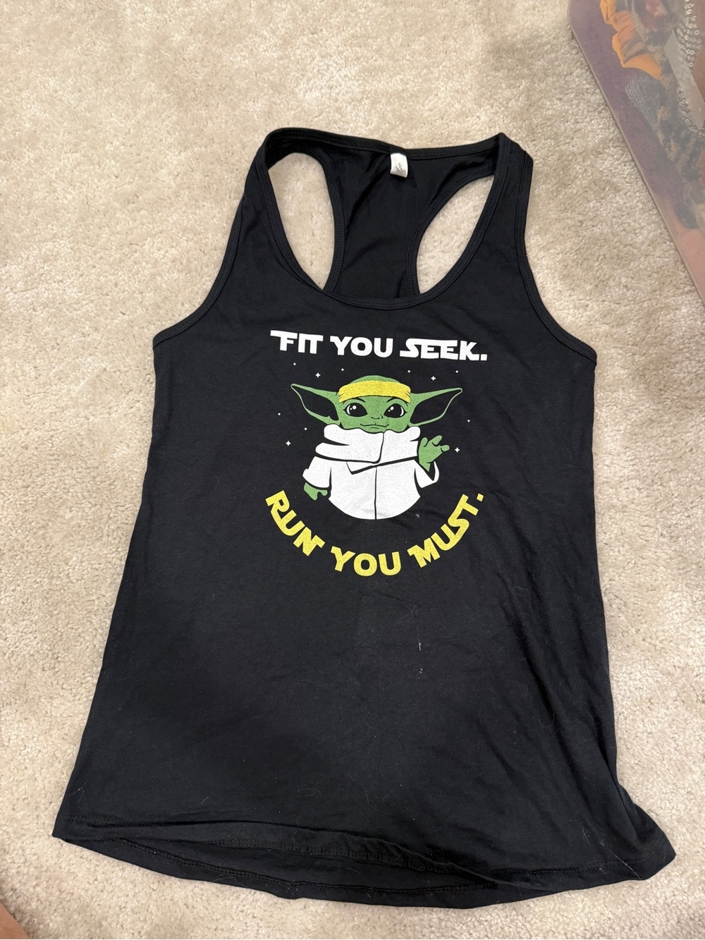 Star Wars Black Tank Top with Green Baby Yoda Grogu running tank
